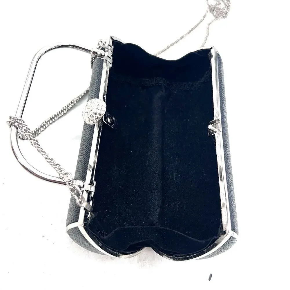 Black & Silver Cylinder Shaped Convertible Clutch Crossbody Small Evening Bag